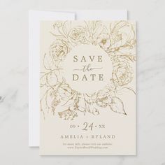 save the date card with gold foil flowers