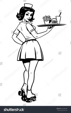 woman waitress holding a tray with french fries on it, vintage line drawing or engraving