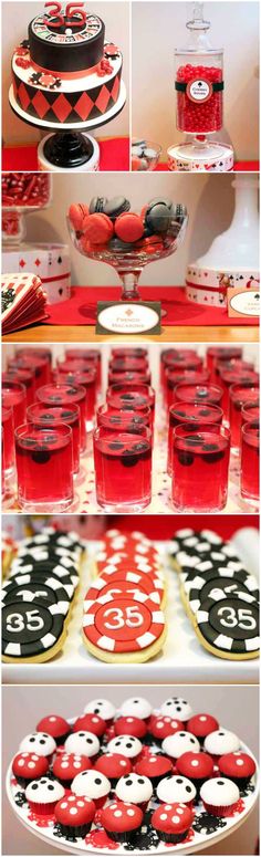 red and black desserts are displayed on the table