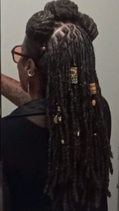 4 years and 4 months Loc'd. Started with coils. Beads On Short Locs, Two Strand Locs With Beads, Medium Size Locs Black Women, Locs With Beads, 8 Inch Loc Extensions, Loc Journey Memes, Dreadlock Style, Medium Long Hair, Dreads Styles