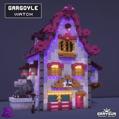 a house made out of legos with purple lights on the front and side windows