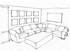 a line drawing of a living room with couches and ottomans in the corner