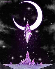 a purple diamond on top of a mountain under a crescent moon and star filled sky