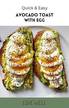 an egg and avocado toast on a white plate with the words live well