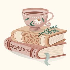 two books stacked on top of each other with a coffee cup sitting on top of them