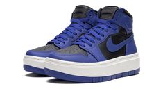 The Women’s Air Jordan 1 Elevate High “Game Royal” is a women’s-exclusive version of the casual shoe that updates its timeless design with a platform-style sole.  The Jordan 1 Elevate High puts a contemporary twist on the Jordan 1 High with an oversized, white rubber sole that adds significant height to the wearer.  With the addition of the chunky sole, the rest of the shoe still remains somewhat consistent with the Jordan 1 High OG model.  The “Game Royal” colorway is inspired by the Jordan 1’s original “Royal” release from 1985.  It features a black leather base with contrasting Game Royal leather overlays and Swoosh branding.  A bubble-style “Wings” logo appears on the ankle. Streetwear Fashion Shoes, Air Jordan 1 Elevate High, Jordan 1 Elevate High, Royal Shoes, Jordan 1 Elevate, Jordan Ones, Dark Ash, Jordan Model, Womens Air Jordans