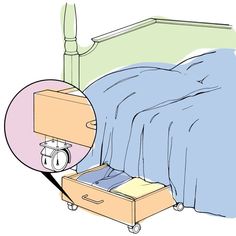 a bed with a blue comforter and an open drawer