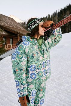 Printed Puffer Jacket, Snow Skirt, Free People Jacket, Green Coat, Fp Movement, Ski Pants, Oversized Silhouette, Green Print