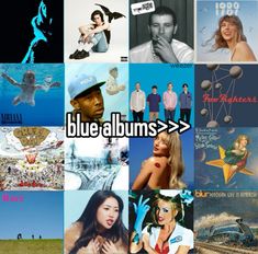 the collage has many different images and words on it, including blue album covers