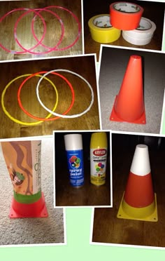 there are many different types of traffic cones on the floor and in front of each other