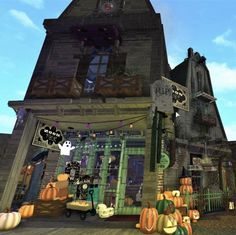 an animated halloween scene with pumpkins and other decorations in front of a large building