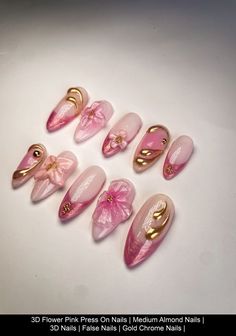 Nail Ideas 3d Art, Pink And Gold Flower Nails, 3d Almond Nail Designs, Pink Gold Chrome Nails, Summer 3d Flower Nails, Acrylic Nails 3d Designs, Nail Ideas 3d Flowers, Nails With Flowers 3d, 3 D Flower Nails