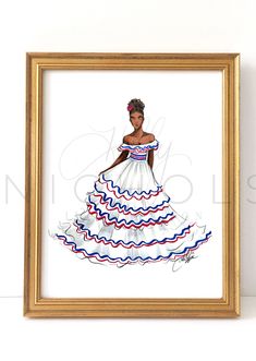 a painting of a woman in a dress with red, white and blue trims