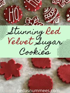 red velvet sugar cookies with white frosting on top and the words, stunning red velvet sugar cookies