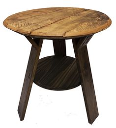 a round wooden table with two legs and a wood top on an isolated white background