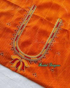 Orange Blouse Aari Work Designs, Aari Work Thread Designs, Thread Work Aari Blouse Design, Orange Blouse Maggam Work Designs, Lotus Aari Work, Orange Blouse Designs, Hand Work Design, Maggam Work Designs