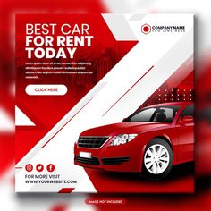 a red car rent flyer is shown with the image of a red car on it