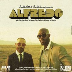 two men standing next to each other in front of an open field with the words afro on it