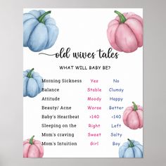 a baby shower sign with pastel blue and pink pumpkins on it's back