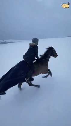 a person riding on the back of a horse in the snow with a long coat over it's body