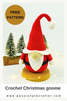 a crochet christmas gnome with trees in the background