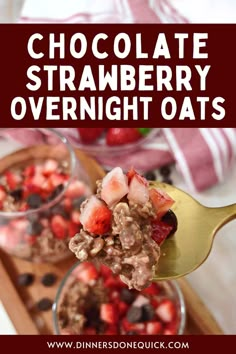 chocolate strawberry overnight oats with strawberries and chocolate chips in the bowl on a spoon