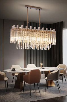 a dining room with a chandelier hanging from the ceiling and chairs around it