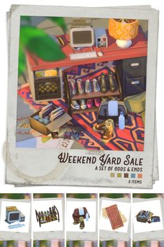 a collage of photos showing various items in the background and text that reads weekend yard sale