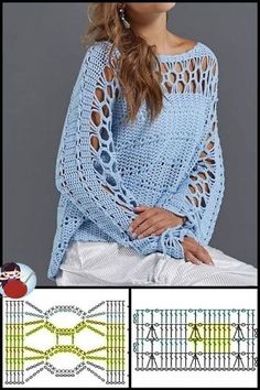 a woman wearing a blue sweater with crochet on it