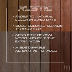 some wood planks that have different colors and patterns on them, with the words rustic written