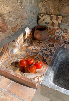 some tomatoes are sitting on a tiled counter