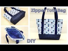 the zippered tote bag is made from denim and has polka dots on it