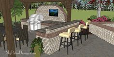 an outdoor kitchen with bar stools and television