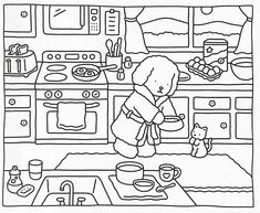 a black and white drawing of a woman cooking in the kitchen