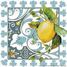 a painting of a lemon on a blue and white background with swirls around it