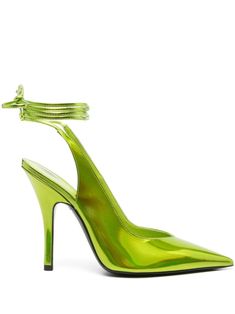 lime green holographic effect patent finish pointed toe tie-fastening ankle strap branded leather insole high stiletto heel Green Patent Leather Heels With Ankle Strap, Green Pointed Toe Luxury Heels, Luxury Green Pointed Toe Heels, Glamorous Green Ankle Strap Heels, Green Patent Leather Party Heels, Green Patent Leather Heels For Party, Lime Green Heels, Green Pumps, Verde Lima