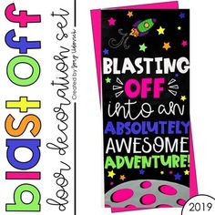 a poster with the words blast off into an absolutely awesome adventure written in black and pink