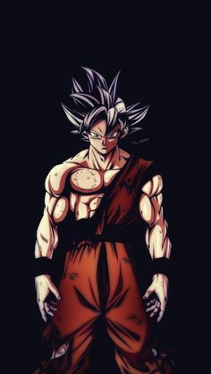 the dragon ball character is standing in front of a black background and has his hands on his hips