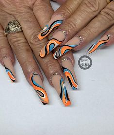 Bui808 Nails on Instagram: “Swirls your way in to the summer” Easy Cute Nail Art, Coffin Nail Designs, Swirl Nail Art, Swirl Nails, Long Nail Designs, Cute Nail Art Designs, Modern Nails, Cute Nail