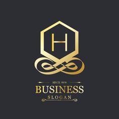 the logo for business is gold and black with an elegant letter h on it's side