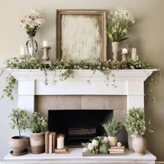 a fireplace with potted plants and candles on it