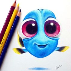 a drawing of a blue fish with big eyes and two colored pencils next to it