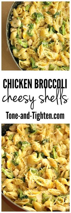 chicken broccoli cheesy shells in a skillet with text overlay