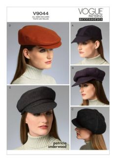 "FABRICS: Tweed, Corduroy, Gabardine, Wool/Wool Blends. Lining: Cotton/Cotton Blends, Lining Fabrics. Lightweight Sew-In Interfacing. Buckram. NOTIONS: A, C, D: 1 yd. of 11/2\" Grosgrain Ribbon. C: One 3/4\" Button To Cover Kit and Contrast Color Thread. ONE SIZE PATTERN Size Combinations: [XS(20 1/2)-S(21 1/2)-M(22 1/2)-L(23 1/2)] All Sizes in One Envelope. Uncut/Factory Folded Will combine shipping. When purchasing multiple patterns, buyer pays for the 1st pattern and all others ship for free. Hat Sewing Pattern, British Hats, Hat Sewing, Brixton Hat, Ivy Cap, Hat Patterns To Sew, Military Cap, Vogue Sewing, Vogue Sewing Patterns