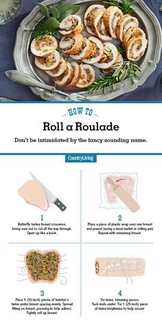 the instructions for how to roll a houlade on a platter with meat and vegetables