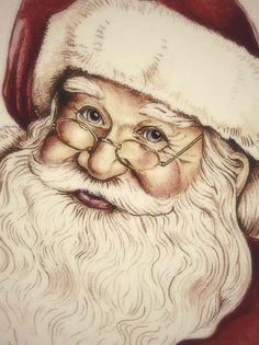 a drawing of santa claus wearing glasses and a hat with his beard pulled back to the side