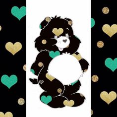 a black and gold teddy bear surrounded by hearts