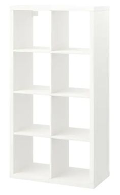 a white bookcase with four shelves on each side