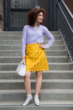 mustard and lavender outfit | yellow | purple | color combination | color inspiration | fashion | style | loft sunny lace skirt | j crew gingham shirt | j crew silver pumps | modcloth pearl socks | socks with heels Pearl Socks, Mustard Outfit, Socks With Heels, Mustard Outfits, Purple Color Combinations, Lavender Outfit, Combination Color, Outfit Yellow