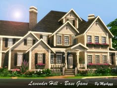 this is an artist's rendering of a house in the country style with flowers on the front porch